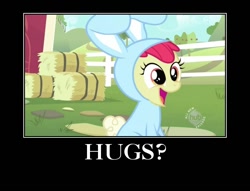 Size: 750x574 | Tagged: safe, edit, imported from derpibooru, screencap, apple bloom, earth pony, pony, family appreciation day, adorabloom, all new, animal costume, bronybait, bunny bloom, bunny costume, clothes, costume, cute, female, filly, foal, hub logo, hubble, hug, hug request, motivational poster, open mouth, question, smiling, sweet dreams fuel, text