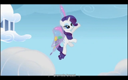 Size: 960x600 | Tagged: safe, imported from derpibooru, screencap, rarity, sonic rainboom (episode), artificial wings, augmented, magic, magic wings, solo, wings, youtube caption