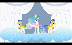 Size: 960x600 | Tagged: safe, edit, edited screencap, imported from derpibooru, screencap, princess celestia, alicorn, pegasus, pony, sonic rainboom (episode), caption, female, male, mare, pegasus royal guard, royal guard, stallion, text, youtube caption