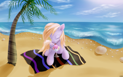 Size: 3840x2400 | Tagged: safe, artist:roadsleadme, imported from derpibooru, oc, oc only, pegasus, pony, beach, blanket, high res, ice cream, not derpy, ocean, palm tree, solo, sweat, tree