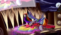 Size: 2063x1200 | Tagged: safe, artist:tsitra360, imported from derpibooru, rainbow dash, pegasus, pony, electric guitar, guitar, hard rock, moon, musical instrument, night, rock, rock (music), solo
