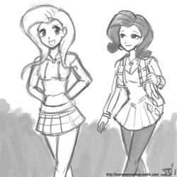 Size: 1280x1280 | Tagged: safe, artist:johnjoseco, imported from derpibooru, fluttershy, rarity, human, clothes, dress, grayscale, humanized, monochrome, pantyhose, skirt