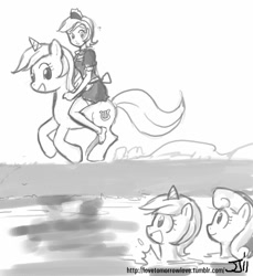 Size: 914x1000 | Tagged: safe, artist:johnjoseco, imported from derpibooru, bon bon, lyra heartstrings, sweetie drops, human, pony, sea pony, clothes, grayscale, human ponidox, humanized, humans riding ponies, maid, monochrome, riding, seapony bon bon, seapony lyra, self ponidox, species swap, triality