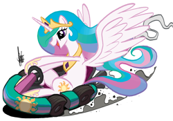 Size: 800x560 | Tagged: safe, artist:theartrix, imported from derpibooru, princess celestia, pony, cute, cutelestia, female, go kart, go-kart, happy, irrational exuberance, kart, mario kart, ponykart, racer, simple background, solo, spread wings, transparent background