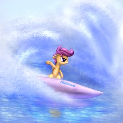 Size: 1000x1000 | Tagged: safe, artist:rayhiros, imported from derpibooru, scootaloo, pegasus, pony, awesome, female, filly, ocean, solo, summer, surfboard, surfing, water, wave, wet mane