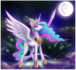 Size: 1086x992 | Tagged: safe, artist:14-bis, imported from derpibooru, princess celestia, alicorn, pony, beautiful, crown, ethereal mane, ethereal tail, female, flowing mane, flowing tail, hoof shoes, jewelry, majestic, mare, mare in the moon, moon, multicolored mane, multicolored tail, night, peytral, praise the sun, purple eyes, regalia, royalty, solo, sparkles, spread wings, tiara