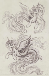 Size: 643x1000 | Tagged: safe, artist:kp-shadowsquirrel, imported from derpibooru, princess celestia, alicorn, hippocampus, merpony, sea pony, seapony (g4), bubble, dorsal fin, ear fluff, eyelashes, female, fin wings, fins, fish tail, flowing mane, flowing tail, horn, mare, mermaid tail, monochrome, sealestia, seaponified, seapony celestia, smiling, solo, species swap, spread wings, swimming, tail, traditional art, underwater, water, wings