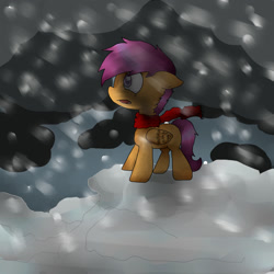 Size: 1700x1700 | Tagged: safe, artist:mehh32980, imported from derpibooru, scootaloo, pony, clothes, female, scarf, snow, snowfall, solo