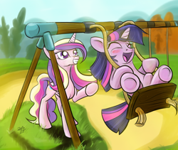 Size: 1330x1122 | Tagged: dead source, safe, artist:bufbaf, imported from derpibooru, princess cadance, twilight sparkle, swing