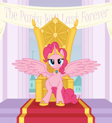 Size: 816x900 | Tagged: safe, artist:averagedraw, imported from derpibooru, pinkie pie, alicorn, pony, alicornified, crown, element of laughter, featureless crotch, hilarious in hindsight, jewelry, pinkiecorn, race swap, regalia, solo, throne, xk-class end-of-the-world scenario