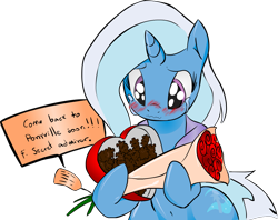 Size: 1851x1468 | Tagged: dead source, safe, artist:zev, imported from derpibooru, trixie, pony, unicorn, belly button, blushing, crying, female, flower, mare, pinecone, secret admirer, simple background, solo, transparent background, valentine