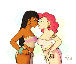 Size: 1059x893 | Tagged: safe, artist:rustydooks, artist:sugar-plum, imported from derpibooru, pinkie pie, human, belly button, bracelet, chel, colored, crossover, dark skin, duo, humanized, loincloth, midriff, symmetrical docking, the road to el dorado