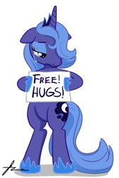 Size: 743x1106 | Tagged: safe, artist:furboz, imported from derpibooru, princess luna, alicorn, pony, backwards cutie mark, bipedal, crying, female, free hugs, hoof shoes, hug, mare, meme, s1 luna, sad, sign, signature, simple background, solo, transparent background