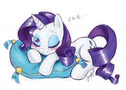 Size: 1403x1000 | Tagged: safe, artist:chibi-jen-hen, imported from derpibooru, rarity, pony, unicorn, blushing, cute, eyes closed, female, mare, misleading thumbnail, pillow, precious, prone, raribetes, sleeping, smiling, solo, zzz