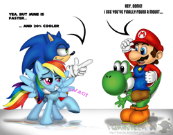 Size: 1000x781 | Tagged: safe, artist:forusu, imported from derpibooru, rainbow dash, hedgehog, human, pegasus, pony, yoshi, crossover, douchebag, female, interspecies, male, maridash, mario, mario bros riding yoshi, riding, shipping, sonic riding rainbow dash, sonic the hedgehog, sonic the hedgehog (series), sonicdash, straight, super mario bros., swag