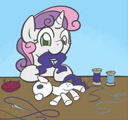 Size: 800x748 | Tagged: safe, artist:atlur, deleted from derpibooru, imported from derpibooru, rarity, sweetie belle, plushie, sewing