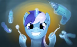 Size: 798x486 | Tagged: safe, artist:vapgames, imported from derpibooru, minuette, pony, unicorn, dentist, drill, female, levitation, magic, mare, needle, syringe, telekinesis, toothbrush