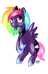 Size: 1088x1664 | Tagged: safe, artist:1eg, imported from derpibooru, oc, oc only, alicorn, pony, alicorn oc, magical lesbian spawn, offspring, parent:princess luna, parent:rainbow dash, parents:lunadash, solo