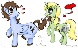 Size: 1434x894 | Tagged: safe, artist:la-monge, imported from derpibooru, oc, oc only, oc:claire anne carr, oc:la-monge, pegasus, pony, unicorn, biting, cute, female, frown, grin, heart, looking at you, looking back, male, mare, music notes, raised hoof, raised leg, simple background, smiling, stallion, surprised, tail bite, text, transparent background, wide eyes