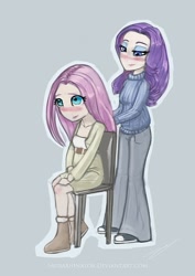 Size: 421x596 | Tagged: safe, artist:saurabhinator, imported from derpibooru, fluttershy, rarity, human, blushing, clothes, humanized, skirt