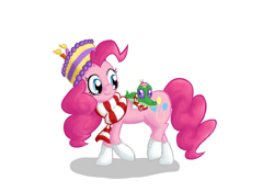 Size: 1050x734 | Tagged: safe, artist:qaxis, imported from derpibooru, gummy, pinkie pie, boots, cake, candle, clothes, food, hat, scarf, winter outfit