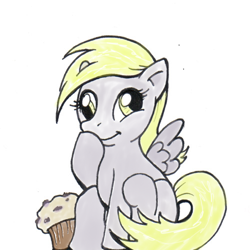 Size: 500x500 | Tagged: artist needed, safe, imported from derpibooru, derpy hooves, pegasus, pony, :t, cute, daaaaaaaaaaaw, female, giggling, mare, muffin, sitting, smiling, solo