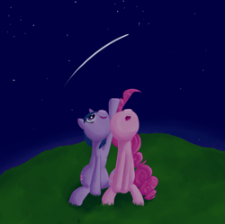 Size: 985x980 | Tagged: safe, artist:qaxis, imported from derpibooru, pinkie pie, twilight sparkle, shooting star, stargazing