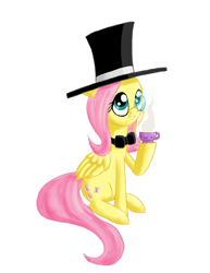 Size: 1433x1860 | Tagged: safe, artist:qaxis, imported from derpibooru, fluttershy, pony, bowtie, classy, cup, female, hat, monocle, solo, tea, teacup, top hat