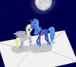 Size: 1733x1509 | Tagged: safe, artist:qaxis, imported from derpibooru, derpy hooves, princess luna, pegasus, pony, female, letter, mare, moon, s1 luna