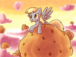 Size: 1024x768 | Tagged: safe, artist:gachucho, imported from derpibooru, derpy hooves, pegasus, pony, cloud, cloudy, female, giant muffin, mare, muffin