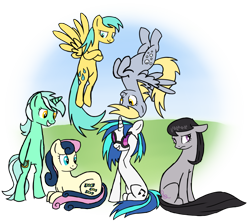 Size: 3735x3300 | Tagged: safe, artist:wolframclaws, imported from derpibooru, bon bon, derpy hooves, dj pon-3, lyra heartstrings, octavia melody, sunshower raindrops, sweetie drops, vinyl scratch, earth pony, pegasus, pony, unicorn, background six, female, high res, mare, simple background, transparent background