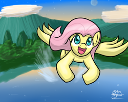 Size: 1280x1024 | Tagged: safe, artist:mister-markers, imported from derpibooru, fluttershy, pegasus, pony, female, flying, lake, looking up, mare, moon, mountain, open mouth, outdoors, smiling, solo, spread wings, wings