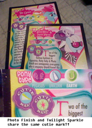 Size: 640x888 | Tagged: safe, imported from derpibooru, hoity toity, photo finish, cutie mark, trading card