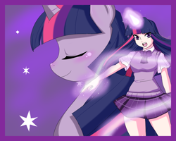 Size: 1800x1440 | Tagged: safe, artist:ninja-8004, imported from derpibooru, twilight sparkle, human, clothes, horned humanization, humanized, magic, skirt, solo, wide hips