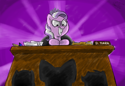 Size: 800x553 | Tagged: safe, artist:isaiahdjkim, imported from derpibooru, apple bloom, diamond tiara, scootaloo, sweetie belle, chair, cutie mark crusaders, desk, evil grin, folder, glare, grin, silhouette, smirk, wide eyes