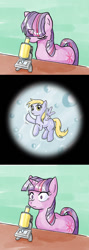 Size: 500x1400 | Tagged: safe, artist:muffinshire, imported from derpibooru, derpy hooves, twilight sparkle, pegasus, pony, unicorn, comic, female, mare, micro, microscope, microscopic, surprised, tiny, unicorn twilight, wat, waving, wide eyes