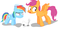 Size: 3812x2005 | Tagged: safe, artist:valaraukador, imported from derpibooru, rainbow dash, scootaloo, age regression, filly, high res, older, role reversal