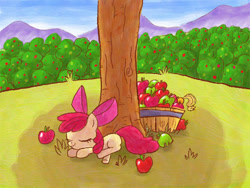 Size: 800x600 | Tagged: safe, artist:gachucho, imported from derpibooru, apple bloom, apple, orchard, sleeping, tree