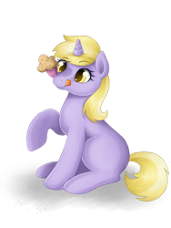 Size: 600x800 | Tagged: safe, artist:amenoo, imported from derpibooru, dinky hooves, pony, unicorn, eyes on the prize, female, filly, mlem, muffin, raised hoof, signature, silly, simple background, sitting, solo, tongue out, transparent background