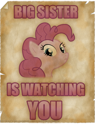 Size: 731x959 | Tagged: safe, artist:alonguy, imported from derpibooru, pinkie pie, pony, 1984, big brother is watching, george orwell, parody, pinkie pie is watching you, poster, propaganda, solo