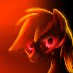 Size: 300x300 | Tagged: safe, artist:cat-cly, artist:firestormdangerdash, artist:melancholysanctuary, imported from derpibooru, oc, oc only, oc:firestorm, pony, bust, creepy, creepy grin, female, glowing eyes, gradient background, grin, looking at you, mare, portrait, smiling, solo