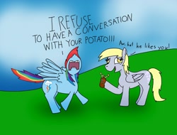 Size: 2694x2052 | Tagged: safe, artist:numbuh0051, imported from derpibooru, derpy hooves, rainbow dash, pegasus, pony, 2012, description in comments, duo, female, high res, mare, outdoors, potato, rainbow dash is not amused, unamused, yelling