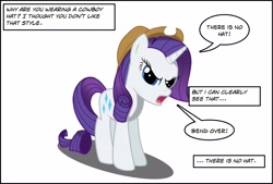 Size: 2344x1580 | Tagged: safe, artist:bcrich40, imported from derpibooru, rarity, pony, bend over, dialogue, hat, offscreen character, random, solo