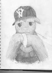 Size: 900x1261 | Tagged: safe, artist:xxfatpigxx, imported from derpibooru, big macintosh, earth pony, pony, crossover, hat, jay-z, male, monochrome, solo, stallion, traditional art