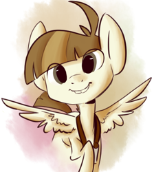 Size: 454x506 | Tagged: safe, artist:php27, artist:rustydooks, imported from derpibooru, featherweight, pegasus, pony, abstract background, camera, male, raised hoof, smiling, solo, spread wings, wings