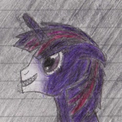 Size: 728x728 | Tagged: safe, artist:dronita, imported from derpibooru, twilight sparkle, pony, female, floppy ears, grin, sharp teeth, smirk, solo, traditional art, werelight shine