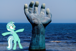 Size: 599x402 | Tagged: safe, imported from derpibooru, lyra heartstrings, pony, unicorn, bipedal, hand, homigot, irl, looking at something, ocean, open mouth, photo, ponies in real life, shrunken pupils, solo, south korea, statue, surprised, vector