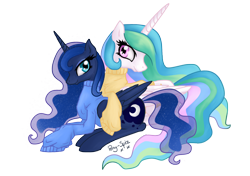 Size: 1668x1174 | Tagged: safe, artist:pony-spiz, imported from derpibooru, princess celestia, princess luna, alicorn, pony, clothes, cute, female, looking at you, mare, pretty, simple background, sisters, sweater