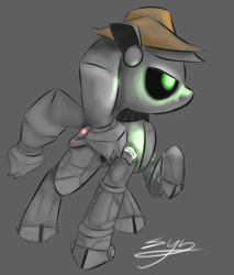 Size: 1088x1280 | Tagged: safe, artist:synad, imported from derpibooru, applejack, earth pony, pony, robot, robot pony, applebot, female, hat, hooves, mare, simple background, solo