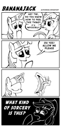 Size: 600x1251 | Tagged: safe, artist:alfourman, imported from derpibooru, applejack, twilight sparkle, banana, comic, monochrome